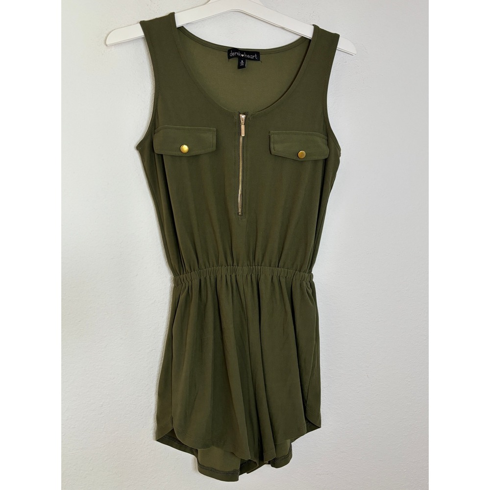 Derek Heart Olive Green Sleeveless Zip Front Utility Romper Small